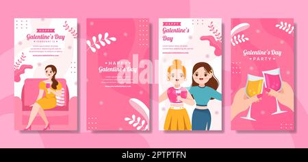 Happy Galentines Day Social Media Stories Flat Cartoon Handgezeichnete Vorlagen Illustration Stock Vektor