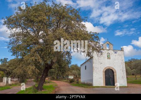 San Isidro Eremitage, Mirandilla, Badajoz, Extremadura, Spanien. Schrein im dehesa-Wald Stockfoto