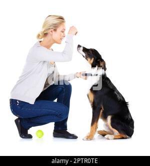 Er ist so ein braver Junge. Studiofoto einer jungen Frau mit ihrem Hund isoliert auf Weiß Stockfoto