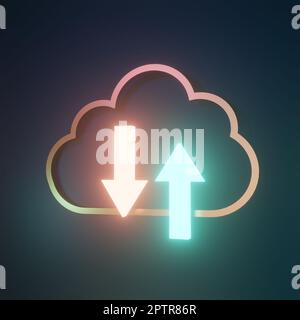 3D-Rendering. Daten aus der Cloud herunterladen. Daten werden in die Cloud hochgeladen. Dunkles quadratisches Banner. Synchronisiertes Konzept Stockfoto