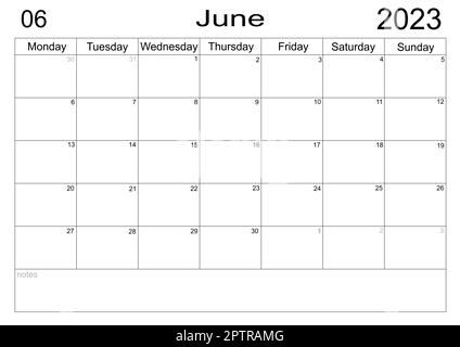 Planer für Juni 2023. Zeitplan für Monat. Monatskalender. Organisator für Juni 2022. Businessplan. Aufgabenliste für Monat. Leere Zellen des Planers. Mo Stockfoto