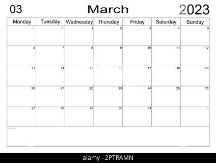 Planer für März 2023. Zeitplan für Monat. Organisator für März 2023. Businessplan. Aufgabenliste für Monat. planer mit leeren Zellen. Monatsveranstalter Stockfoto
