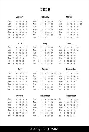 Kalender 2025. Druckbarer Kalender für 2025. Sonntagsbeginn. Minimalistischer Style. Der übliche Wandkalender. Büroplaner. Geschäftsplaner für 2025. Busine Stockfoto