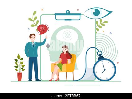 Hypnose mit Schwarz-Weiß-Spiralen, die einen veränderten Geisteszustand für Behandlungsdienste in einer flachen, handgezeichneten Schablone erzeugen Stockfoto