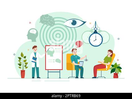 Hypnose mit Schwarz-Weiß-Spiralen, die einen veränderten Geisteszustand für Behandlungsdienste in einer flachen, handgezeichneten Schablone erzeugen Stockfoto