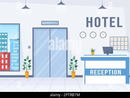 Hotelrezeption Innenansicht mit Rezeptionisten und Reisenden für die Buchung in Flat Cartoon handgezeichnete Vorlage Illustration Stockfoto