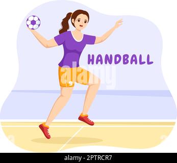 Handball Darstellung eines Spielers, der den Ball mit der Hand berührt und in einem flachen Zeichnungsschablone für den Sportwettbewerb ein Tor erzielt Stock Vektor