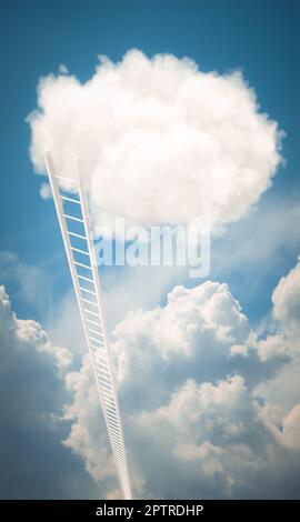 Eine lange Leiter erreicht eine Wolke am Himmel. 3D-Rendern Stockfoto