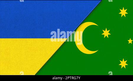 Ukrainische Flagge und Kokosinseln - Abbildung 3D. Zwei Flaggen Zusammen. Nationale Symbole der Ukraine und der Kokosinseln. Freundschaft zweier Länder. S Stockfoto