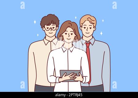 Stellen Sie junge Profis aus Frauen mit Tablet und zwei Männern in Geschäftskleidung zusammen. Vektorbild Stock Vektor