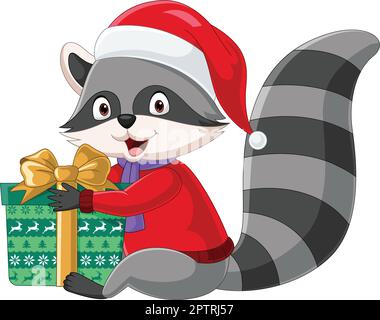 Cartoon-Waschbär im weihnachtsmann-Kostüm mit einer Geschenkbox Stock Vektor