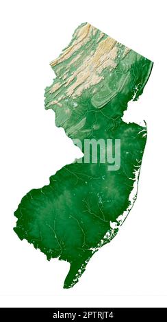 Der US-Bundesstaat New Jersey. Sehr detailliertes 3D-Rendering einer schattierten Reliefkarte mit Wasserkörpern. Farbig nach Höhe. Erstellt mit Satellitendaten. Stockfoto