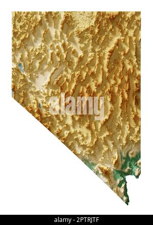 Der US-Bundesstaat Nevada. Ein detailliertes 3D-Rendering einer schattierten Reliefkarte mit Wasserkörpern. Farbig nach Höhe. Erstellt mit Satellitendaten. Stockfoto