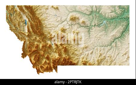 US-Bundesstaat Montana. Ein detailliertes 3D-Rendering einer schattierten Reliefkarte mit Wasserkörpern. Farbig nach Höhe. Erstellt mit Satellitendaten. Stockfoto