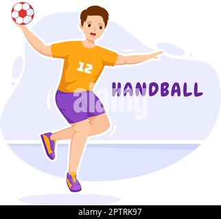 Handball Darstellung eines Spielers, der den Ball mit der Hand berührt und in einem flachen Zeichnungsschablone für den Sportwettbewerb ein Tor erzielt Stock Vektor