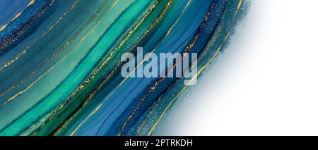 Elegantes und luxuriöses Illustrationsbanner mit alkoholhaltiger Tinte, blaues und grünes Achatmuster mit goldenen Linien und Goldstaub-Dekoration Stockfoto