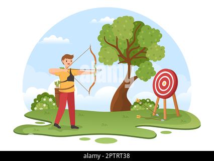 Bogenschießen mit Bogen und Pfeil, die auf das Ziel für Freizeitaktivitäten im Freien zeigen, in einer flachen, handgezeichneten Schablone Stockfoto