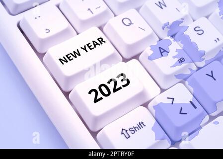 Konzeptionelle Überschrift Neujahr 2023, Wort geschrieben auf Gruß feiert Holiday Fresh Start Best Wishes Stockfoto