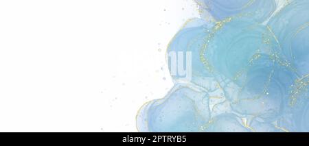 Alkoholtinte Kunst abstrakter Hintergrund, Farbverlauf hellblauer Kreis mit goldener Dekoration weißer Hintergrund Banner, natürliche Schönheit, Kopierraum