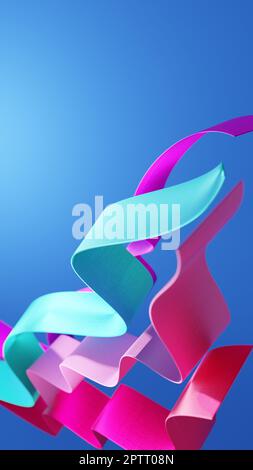 Junges, feminines, dynamisches Design. Leuchtend rosa und cyanfarbene Bänder auf blauem Hintergrund. Abstraktes 3D-Design. Stockfoto