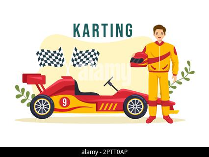 Kart-Sport mit Rennspiel Go Kart oder Mini-Auto auf einer kleinen Rennstrecke in einer flachen, handgezeichneten Schablone Stockfoto
