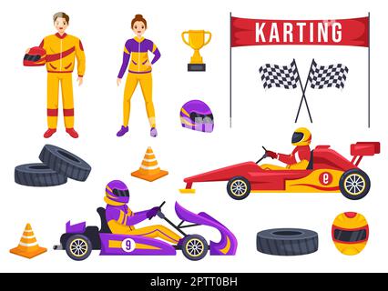 Kart-Sport mit Rennspiel Go Kart oder Mini-Auto auf einer kleinen Rennstrecke in einer flachen, handgezeichneten Schablone Stockfoto