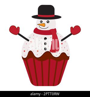 Niedlicher Vektor-Schneemann-Cupcake, Vektor-Weihnachts-Cupcake mit Schneemann, Weihnachts-Cupcake dekoriert als Schneemann, Schneemann-Kuchen isoliert auf weiß Stockfoto