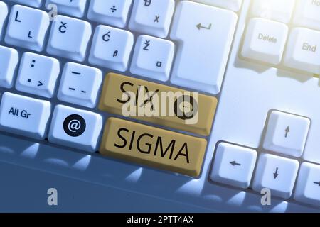 Text mit Inspiration Six Sigma, Business zeigt Managementtechniken zur Verbesserung von Geschäftsprozessen Stockfoto