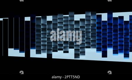 Verläufe von blauen Quadraten auf dunklem Hintergrund. Minimalistisches Strukturmuster. Digitales 3d-Rendern. Stockfoto