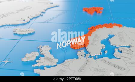 Norwegen auf einer weißen vereinfachten 3D-Weltkarte hervorgehoben. Digitales 3D-Rendern. Stockfoto