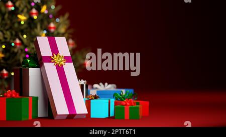 Weihnachtsgeschenke Konzept Hintergrund. Geschenkschachteln vor einem weihnachtsbaum auf rotem Hintergrund. Digitales 3D-Rendern. Stockfoto