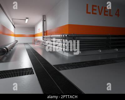 Sauberer, moderner Flur mit Edelstahlrohrleitungen. Digitales 3D-Rendering. Stockfoto