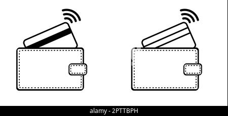 nfc-Pay. Zahlungspiktogramm. Cartoon-Geldbörse und Kreditkarte. Kontaktlose Karte. Zahlungskarten. Plastikkarten, Zahlungen. Brieftasche, Geld. Bankfinanzierung inve Stockfoto