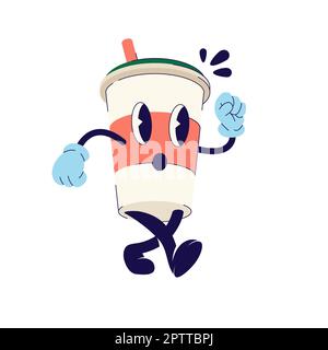 Cartoon mit Kaffeegetränken, groovy Retro-Aufdruck aus den 70er Jahren. Abbildung für T-Shirt, T-Shirt und Aufkleber – Posterdesign. Ein cooles Kaffeegetränk-Cartoon-Konzept Stock Vektor