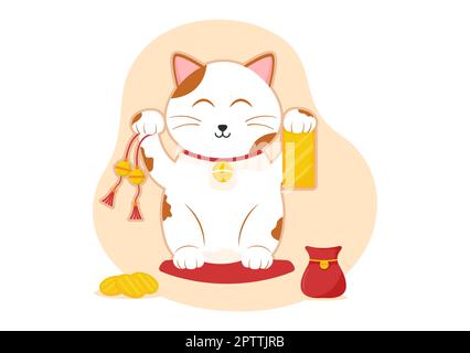 Feng Shui Oriental Philosophie mit süßer Katze und Pflanzen für positive Energie aus fünf Elementen in der flachen, handgezeichneten Schablonen Illustration Stockfoto