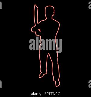 Neonmann mit Schwert Machete Kalte Waffen in der Hand Soldat Soldat Soldat Soldat Soldat in Positionen Hunter mit Messerkampf stellt starken Verteidiger Warrior Concept Waffen stehen rot Vektordarstellung flacher Stil Stock Vektor