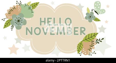 Schild mit „Hello November, Internet Concept Grußwort“ zur Begrüßung des elften Monats des Jahres Stockfoto