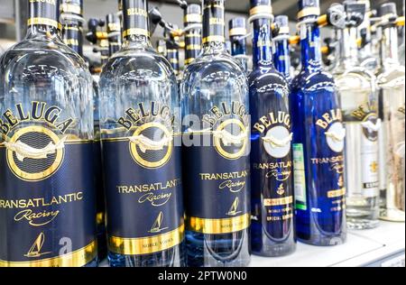 Samara, Russland - 21. April 2023: Beluga Noble Russian Wodka im Regal eines Supermarkts. Alkoholische Getränke in Flaschen und Spirituosen. Starke Alkoholiker Stockfoto