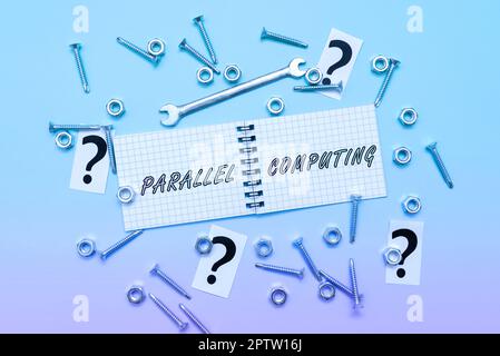 Schilder mit paralleler Datenverarbeitung, Unternehmen zeigen simultane Berechnungen mithilfe von Software und Hardware Stockfoto