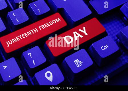 Schild mit dem Juneteenth Freedom Day, Geschäftskonzept gesetzlicher Feiertag in den Vereinigten Staaten zum Gedenken an das Ende der Sklaverei Stockfoto