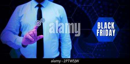 Textunterschrift präsentiert Black Friday, Geschäftsübersicht am Tag nach dem US-Feiertag der Thanksgiving-Shopping-Saison Stockfoto
