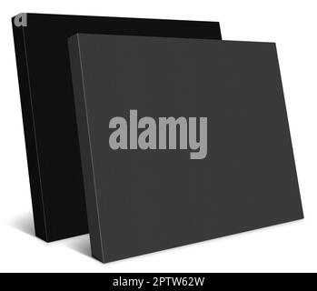 Schwarze Leinwand umhüllt Vorlage für Präsentationslayouts und Design. 3D-Rendering. Digital Generiertes Bild. Isoliert auf weißem Hintergrund. Stockfoto