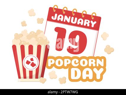 National Popcorn Day am 19.. Januar mit einer großen Box mit roten und weißen Streifen in flachen Cartoon-Hintergrund handgezeichnete Vorlagen Illustration Stockfoto