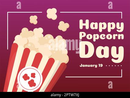 National Popcorn Day am 19.. Januar mit einer großen Box mit roten und weißen Streifen in flachen Cartoon-Hintergrund handgezeichnete Vorlagen Illustration Stockfoto