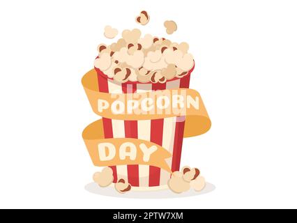 National Popcorn Day am 19.. Januar mit einer großen Box mit roten und weißen Streifen in flachen Cartoon-Hintergrund handgezeichnete Vorlagen Illustration Stockfoto