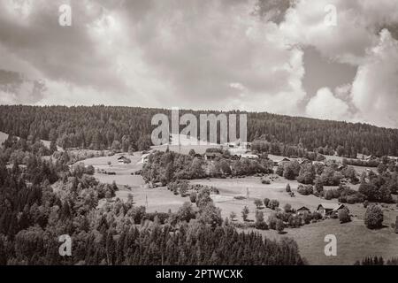 Schwarz-weiß altes Bild von wunderschönem bewaldeten Berg- und Alpenpanorama mit Dorf und Hütten in Kärnten Österreich. Stockfoto