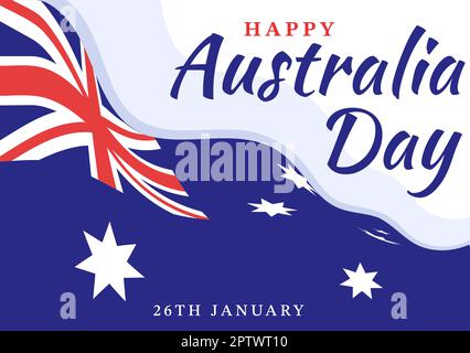 Happy Australia Day findet jedes Jahr am 26.. Januar statt, mit Flaggen und einer Karte zur Vielseitigkeit der Menschen in flachem Cartoon, handgezeichnete Vorlage Stockfoto