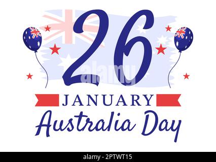 Happy Australia Day findet jedes Jahr am 26.. Januar statt, mit Flaggen und einer Karte zur Vielseitigkeit der Menschen in flachem Cartoon, handgezeichnete Vorlage Stockfoto