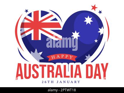 Happy Australia Day findet jedes Jahr am 26.. Januar statt, mit Flaggen und einer Karte zur Vielseitigkeit der Menschen in flachem Cartoon, handgezeichnete Vorlage Stockfoto