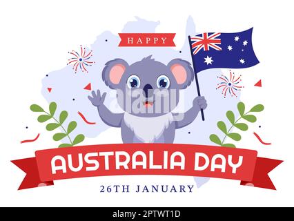 Happy Australia Day findet jedes Jahr am 26.. Januar mit Flaggen und Koalas in der flachen, handgezeichneten Schablone statt Stockfoto